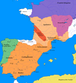 Image 34The greatest extent of the Visigothic Kingdom of Toulouse, c. 500, showing Territory lost after Vouillé in light orange (from History of Spain)