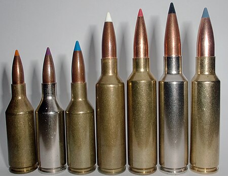 WSM and WSSM family of cartridges. From left to right: .223 WSSM, .243 WSSM, .25 WSSM, .270 WSM, 7 mm WSM, .300 WSM, .325 WSM. WSSM and WSM.jpg