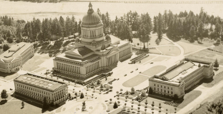 A bird's eye view of the Washington capital campus in 1938; the Temple of Justice is seen on the right side of the photo. Washington capitol campus 1938.png