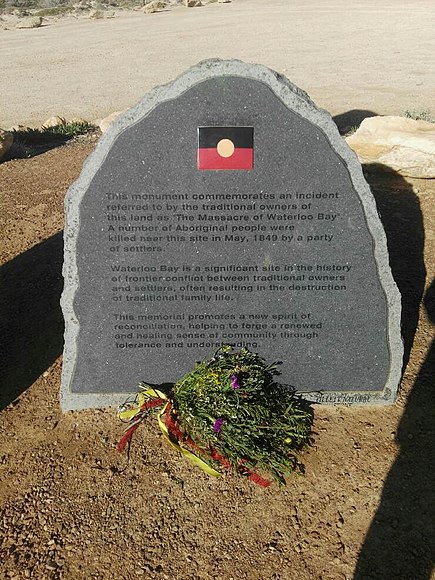 The 2017 memorial plaque at Elliston commemorating the massacre Waterloo Bay massacre memorial plaque.jpg