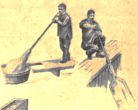 Glassblower creating a hollow cylinder as the first step for window glass Window glassblower 1880s.png