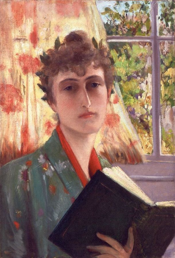 Oil portrait of the young Winnaretta Singer, holding a book