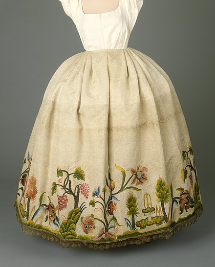 Silk embroidery on petticoat, Portugal, c. 1760