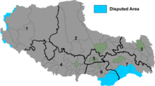 Map of Tibet Autonomous Region with disputed areas shown in blue Xizang prfc map.png