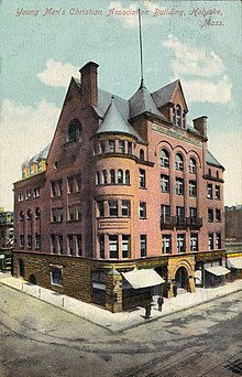 The Holyoke YMCA gym building where volleyball was first invented by William G. Morgan in 1895; the building stood at the northwest corner of High and Appleton from 1892 to 1943 YMCA Building of Holyoke, where Volleyball was first played.jpg