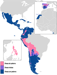 The pink areas are where Spanish speakers preserve the phoneme /y/
, represented by <ll> . Yeismo en Paises de Habla Hispana.png