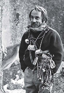 Chouinard with equipment for rock climbing, including Hexentrics, c. 1972. Photo by Tom Frost. Yvon Chouinard by Tom Frost.jpg