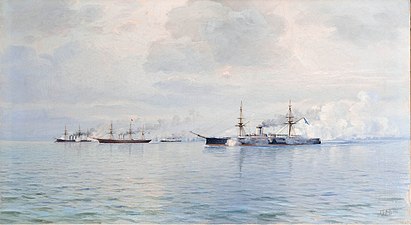 Императорская яхта «Держава» в сопровождении боевых кораблей