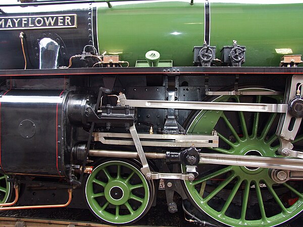 Wakefield mechanical lubricators on preserved LNER Class B1 no. 1306 Mayflower. The bright metal bar at the bottom is the reciprocating connection to 