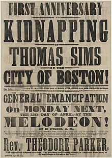 Broadside announcing the first anniversary of Thomas Sims' kidnapping in Boston 1852 ThomasSims Kidnapping Melodeon Boston4046905900.jpg