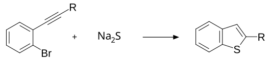 2-bromo-alkynylbenzene reacting to form 2-substituted benzothiophene