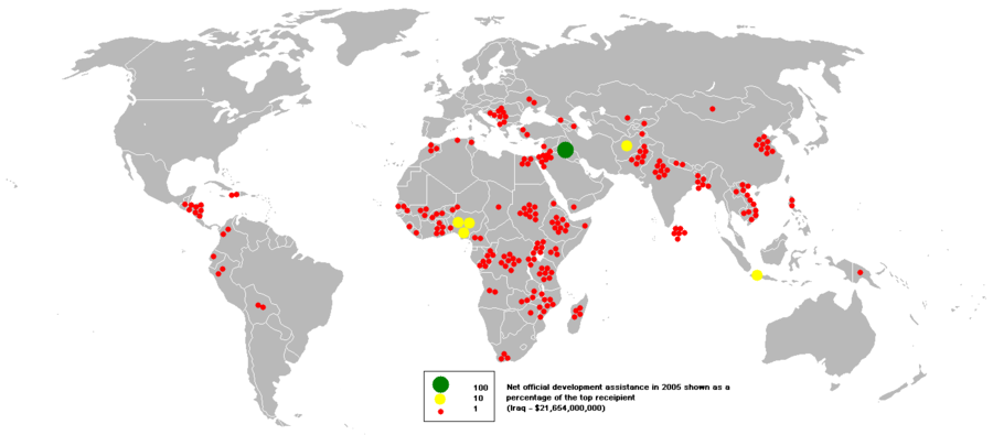 A map of official development assistance distribution in 2005. 2005net oda.PNG
