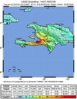 A rengés intenzitása az USGS térképén