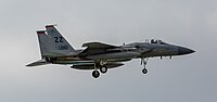 A US Air Force F-15C Eagle, tail number 83-0010, on final approach at Kadena Air Base in Okinawa, Japan. The aircraft is assigned to the 67th Fighter Squadron.