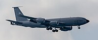 A KC-135R Stratotanker, tail number 57-1439, on final approach at Kadena Air Base in Okinawa, Japan in March 2020. It is assigned to the 22nd Air Refueling Wing and the 931st Air Refueling Wing at McConnell Air Force Base in Wichita, Kansas.