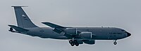 A KC-135R Stratotanker, tail number 57-1439, on final approach at Kadena Air Base in Okinawa, Japan in March 2020. It is assigned to the 22nd Air Refueling Wing and the 931st Air Refueling Wing at McConnell Air Force Base in Wichita, Kansas.