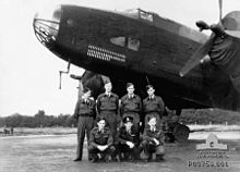 Group portrait of an air crew of No. 578 Squadron in front of a Halifax bomber, circa 1944 578 Squadron RAF Halifax aircrew AWM P03759.001.jpg