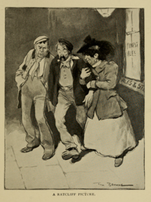 A Ratcliff Picture (1902). A low prostitute and her bully about to mug a sailor on a drunken spree (centre). A Ratcliff Picture.png