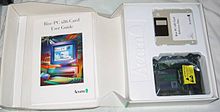 The Acorn ACA56 Acorn PC card upgrade, showing the user guide, software disc, and card itself Acorn ACA56 Risc PC x86 Card box open.jpg