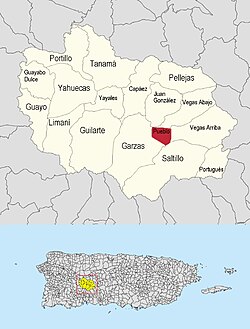 Location of Adjuntas barrio-pueblo within the municipality of Adjuntas shown in red