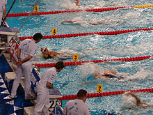 Alain Bernard à l'arrivée du 100 m nage libre lors duquel il bat le record du monde le 22 mars 2008.