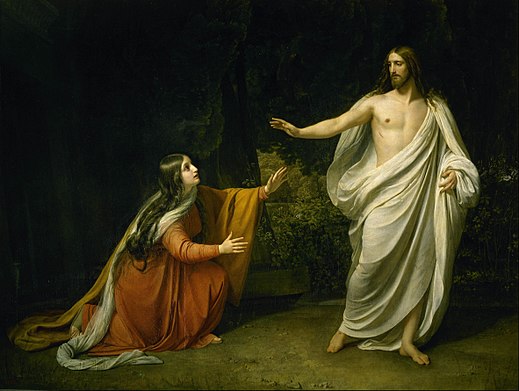 Appearance of Jesus Christ to Maria Magdalena (1835) by Alexander Andreyevich Ivanov. In John 20:1–13, Mary Magdalene sees the risen Jesus alone[77][73] and he tells her "Don't touch me, for I have not yet ascended to my father."[73]