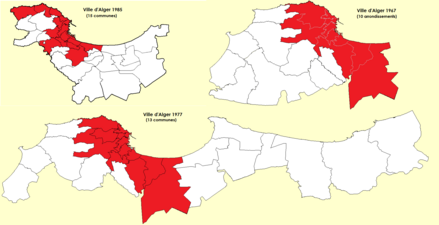 Évolution du territoire de la ville d'Alger jusqu'en 1985 (la partie blanche de la carte correspond au communes du nord de la wilaya, proches du litoral).