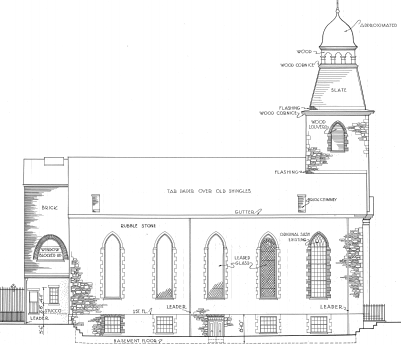 This 1934 drawing from the Historic American Buildings Survey shows approximately what the east elevation of the church looked like before it lost its tower. All Saint's Church, 286-290 Henry Street, New York, New York County, NY HABS NY,31-NEYO,14- (sheet 6 of 10) crop.png