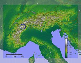 Los Alpes Peninos en el mapa de los Alpes