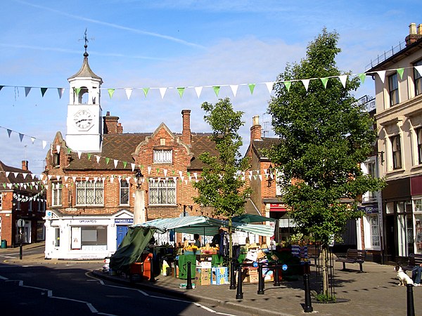 Ampthill town centre with clock tower (1852) and market place