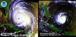 Visual comparison of Hurricane Floyd with Hurricane Andrew while at similar positions and nearly identical intensities. Floyd was, however, 3-4 times larger and posed a much greater threat. Andrew-Floyd.jpg