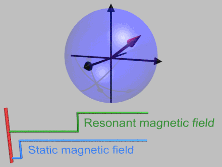 Animation showing the rotating frame. The red arrow is a spin in the Bloch sphere which precesses in the laboratory frame due to a static magnetic field. In the rotating frame the spin remains still until a resonantly oscillating magnetic field drives magnetic resonance.