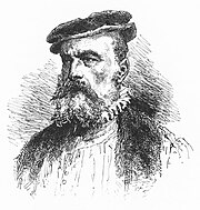 Gravure en noir et blanc, portrait en buste d'un homme barbu portant chapeau et fraise d'époque.