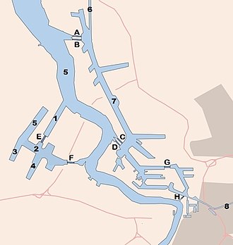 Location on a map of the Port of Antwerp
H = Royers Lock
8 = Albert Canal Antwerpen-Haven-with-numbers.jpg