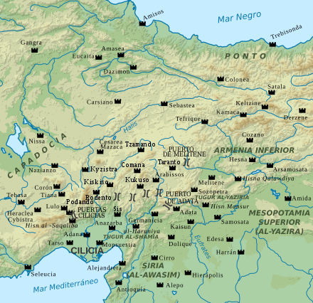 Geophysical map of eastern Anatolia and northern Syria, showing the main fortresses during the Arab–Byzantine frontier wars