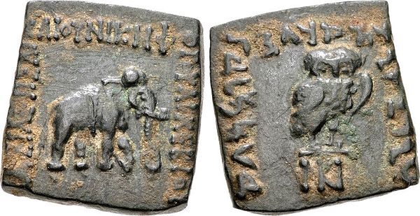 Archebios coin with elephant and owl.