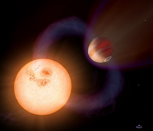 艺术家眼中想像的热木星印象，这种太阳系外星体经由哈伯太空望远镜发现。热木星与木星相比质量相近，较接近红矮星，只用 10.5 小时自转。这颗热木星只离其母星 750,000 英里 (大约 120.7 万公里) 远，是地球与太阳距离的 1/130。