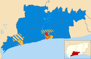 Map of the results of the 2007 Arun council election. Conservatives in blue, Liberal Democrats in yellow, Labour in red and Independent in grey. Arun UK local election 2007 map.svg