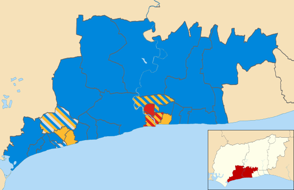 Map of the results of the 2007 Arun council election. Conservatives in blue, Liberal Democrats in yellow, Labour in red and Independent in grey.
