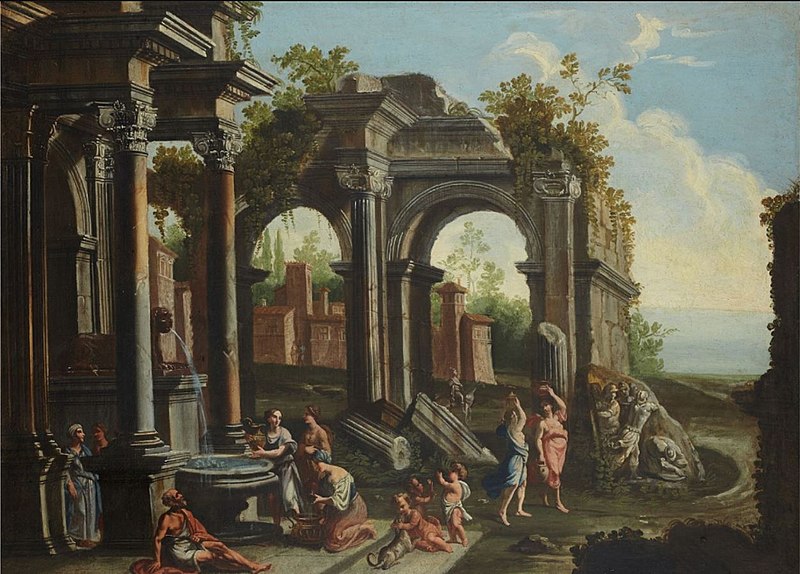 File:Ascanio Luciano (attr.) - Figures near a fountain in an architectural palace.JPG