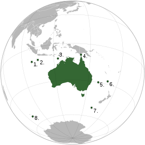 The list scope includes outlying islands:
1. Cocos (Keeling) Islands
2. Christmas Island
3. Ashmore Reef
4. Torres Strait Islands
5. Lord Howe Island
6. Norfolk Island
7. Macquarie Island
8. Heard Island and McDonald Islands Australia map with outlying islands.svg