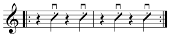 Quarter note "skank" guitar rhythm, named onomatopoetically for its sound. Play (help*info) Backbeat chop.png