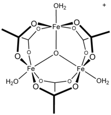The cation in basic iron acetate is isostructural with the cation in basic chromium acetate. Both feature octahedral metal centers conjoined by oxo and acetate bridging ligands. BasicFeacetate.png