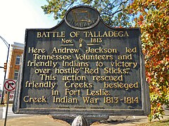 A historic marker commemorating General Andrew Jackson's victory over the Red Sticks at the Battle of Talladega during the Creek War.