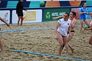 Deutsch: Beachhandball Europameisterschaften 2019 (Beach handball Euro); Tag 5: 6. Juli 2019 – Frauen, Platzierungsspiel für die Ränge 17–20, Nordmazedonien-Slowenien 0:2 (10:13, 9:15) English: Beach handball Euro; Day 5: 6 July 2019 – Placement Match/Cross Match for rank 17–20 Women – North Macedonia-Slovenia 0:2 (10:13, 9:15)