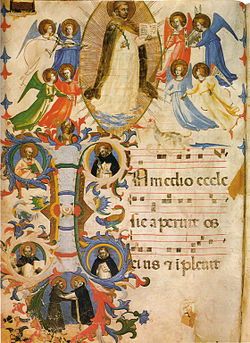 Folio du Missel 558 : Saint Dominique en gloire. Peint vers 1424 par Fra Angelico ou son atelier. Musée national San Marco, Florence, ms.558, f.67v.