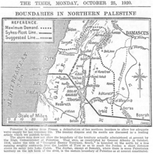 Map 3: Article from The Times, October 25, 1920, reporting on the active discussions regarding the boundary line; this was later formalised in the Paulet-Newcombe Agreement. Boundaries in Northern Palestine, The Times, 25 October 1920.png