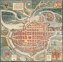 Map of the city from 1562, with its fortifications on the Oder River