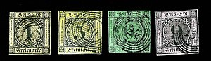 Baden Kreuzer 1, 3, 6, and 9 Briefmarken Baden 1.jpg