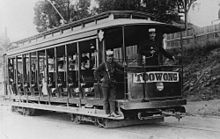 Tram at the Toowong tram terminus c. 1910 Brisbane12BenchTramToowong1910.jpg